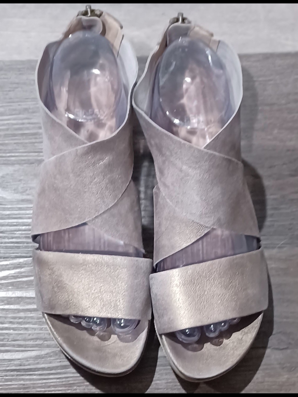 Women's Eileen Fischer Size 8.5 Platinum Suede Crisscross Wedge Sandals